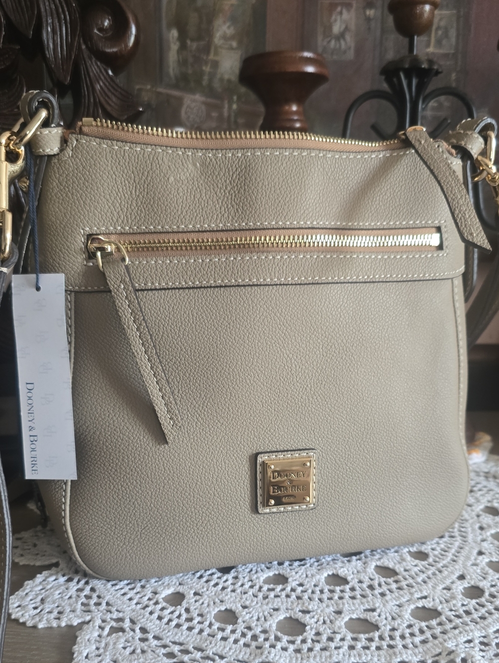 Dooney & Bourke Taupe Pebble Leather Crossbody with Gold Hardware